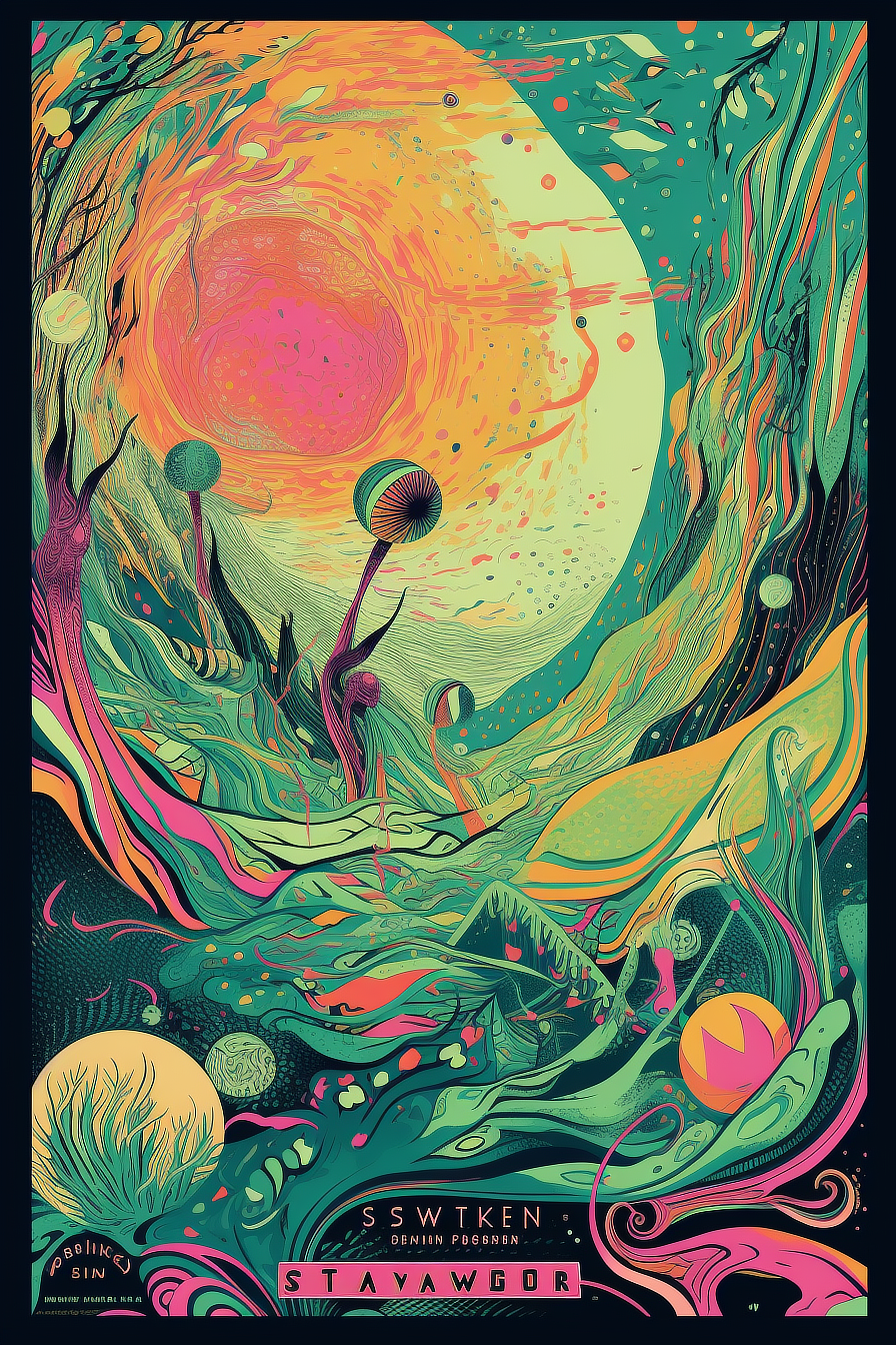 a colorful art with a moon