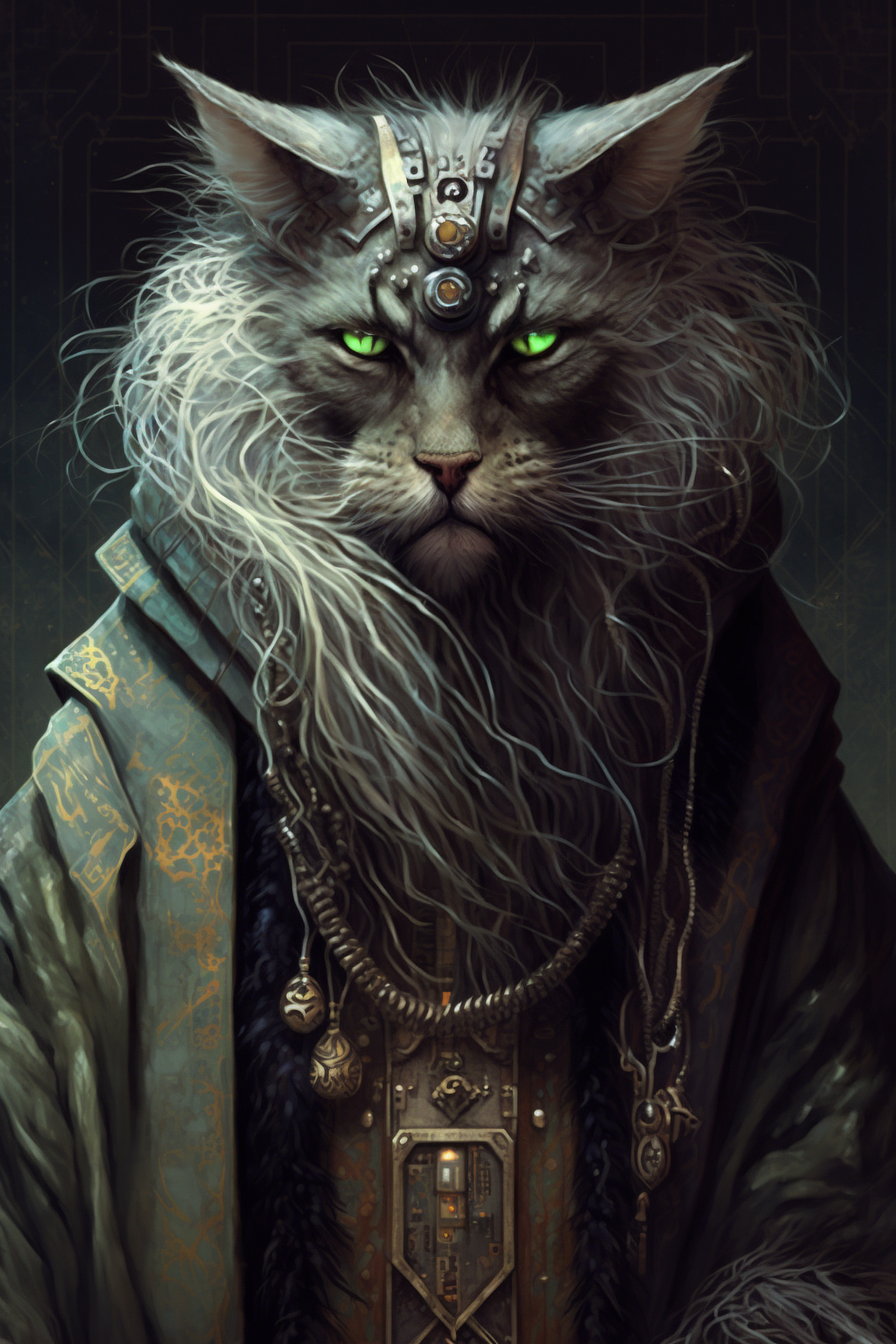 a cat with a long beard and a necklace