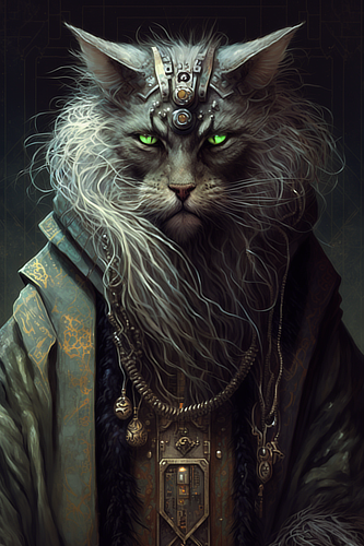 a cat with a long beard and a necklace