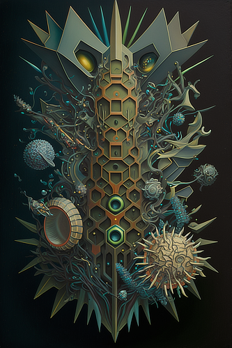 a artwork of a metal structure with various objects