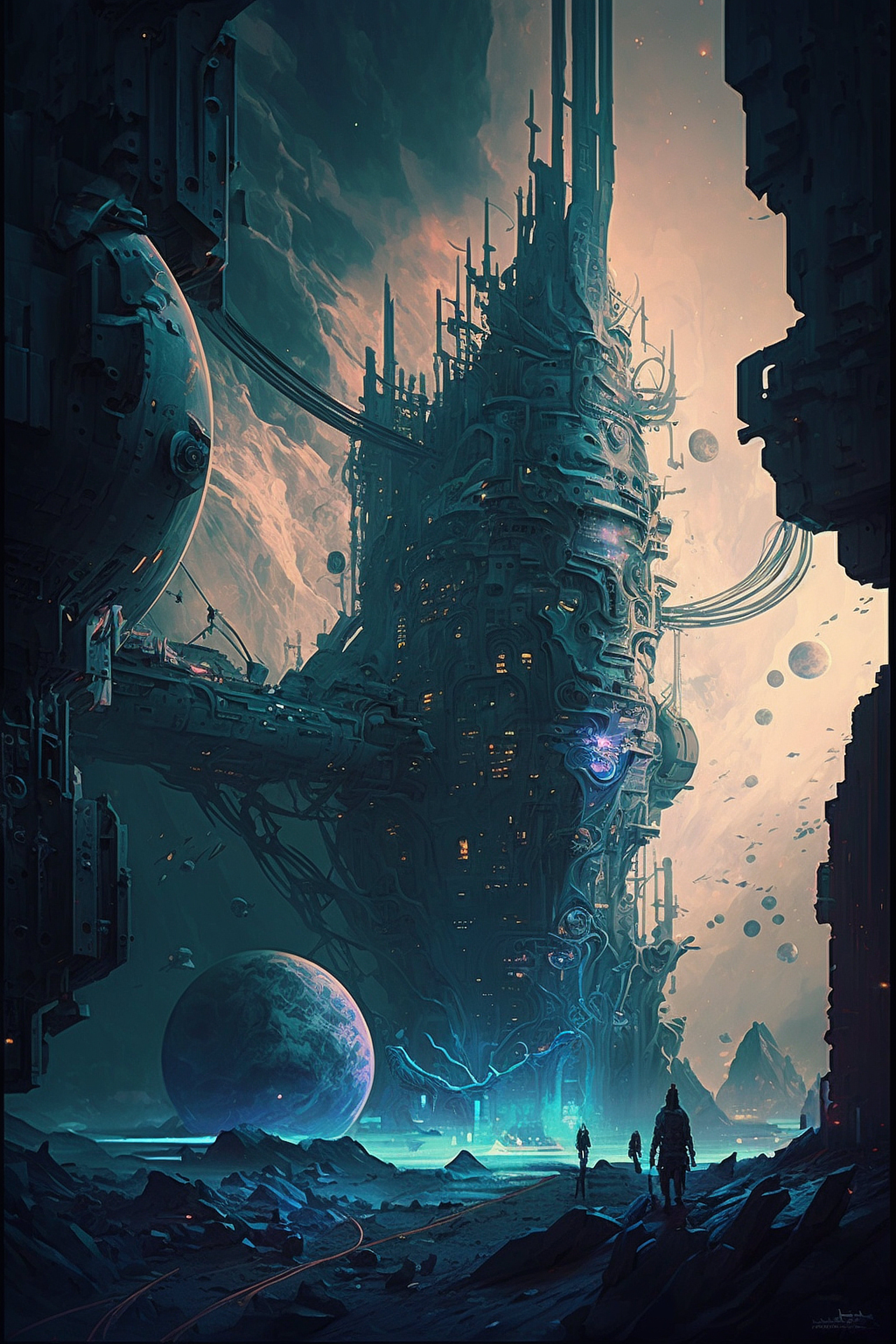 a large building with a large structure and a large planet in the background