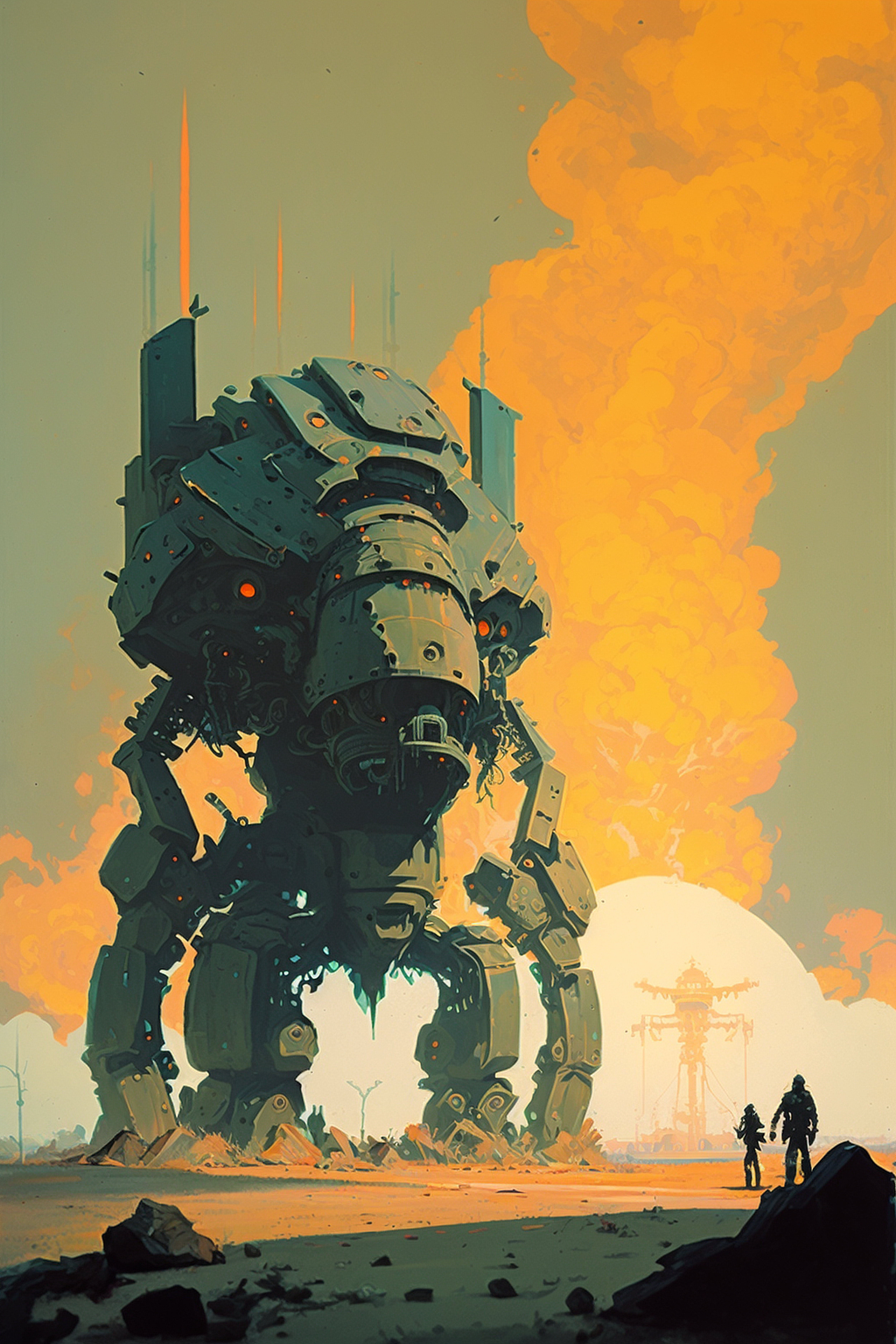 a large robot with orange flames and smoke coming out of it