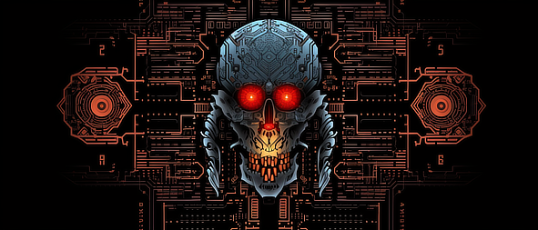 a skull with red eyes and a circuit board