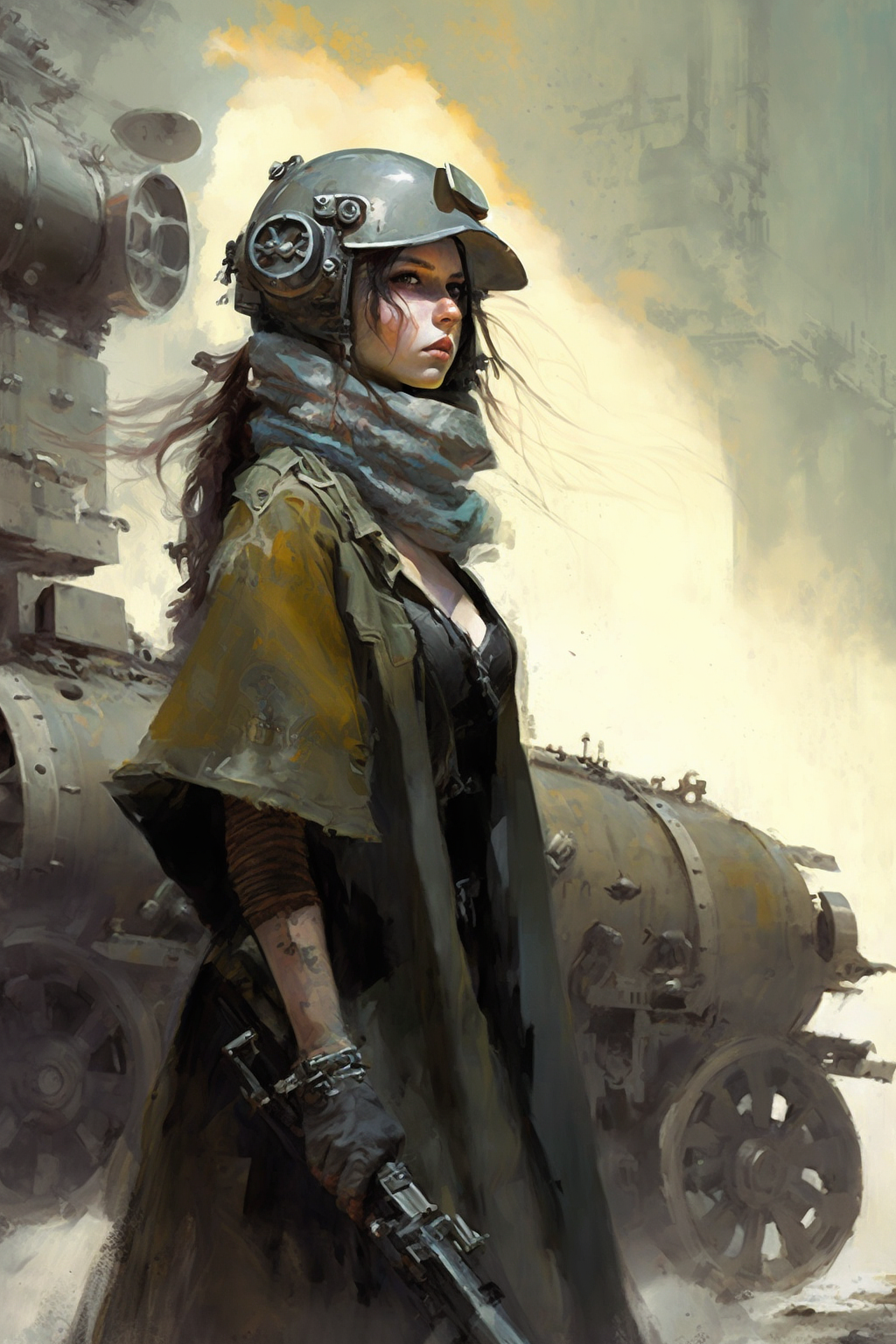 a woman in a hat and scarf standing next to a train