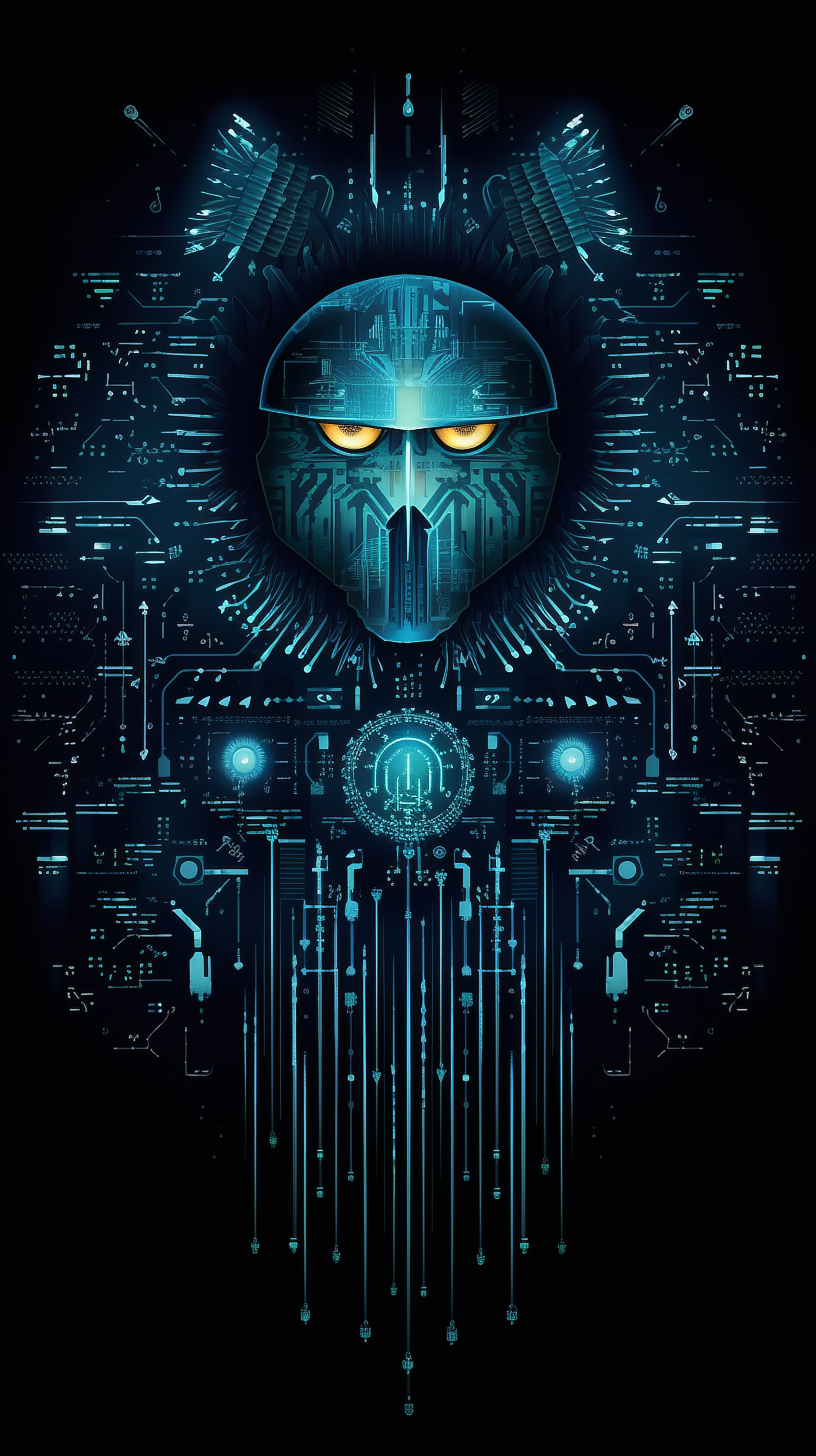 a blue and black background with a robot face and circuit board