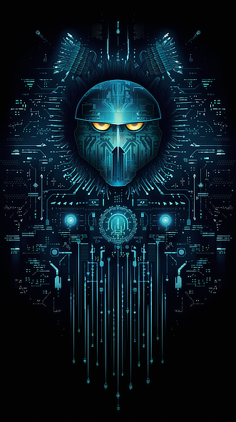 a blue and black background with a robot face and circuit board