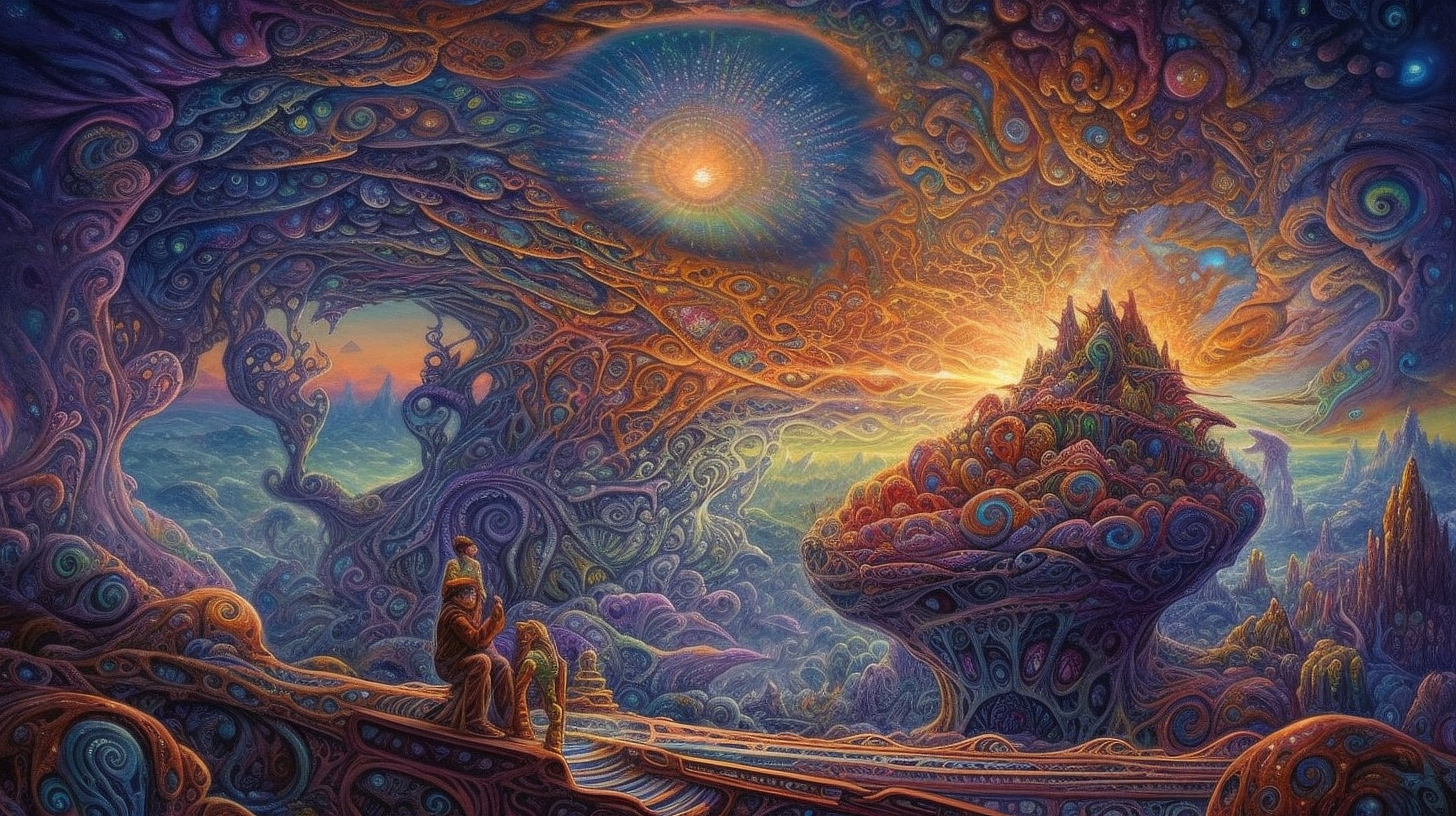 a colorful artwork of a man and woman sitting on a staircase