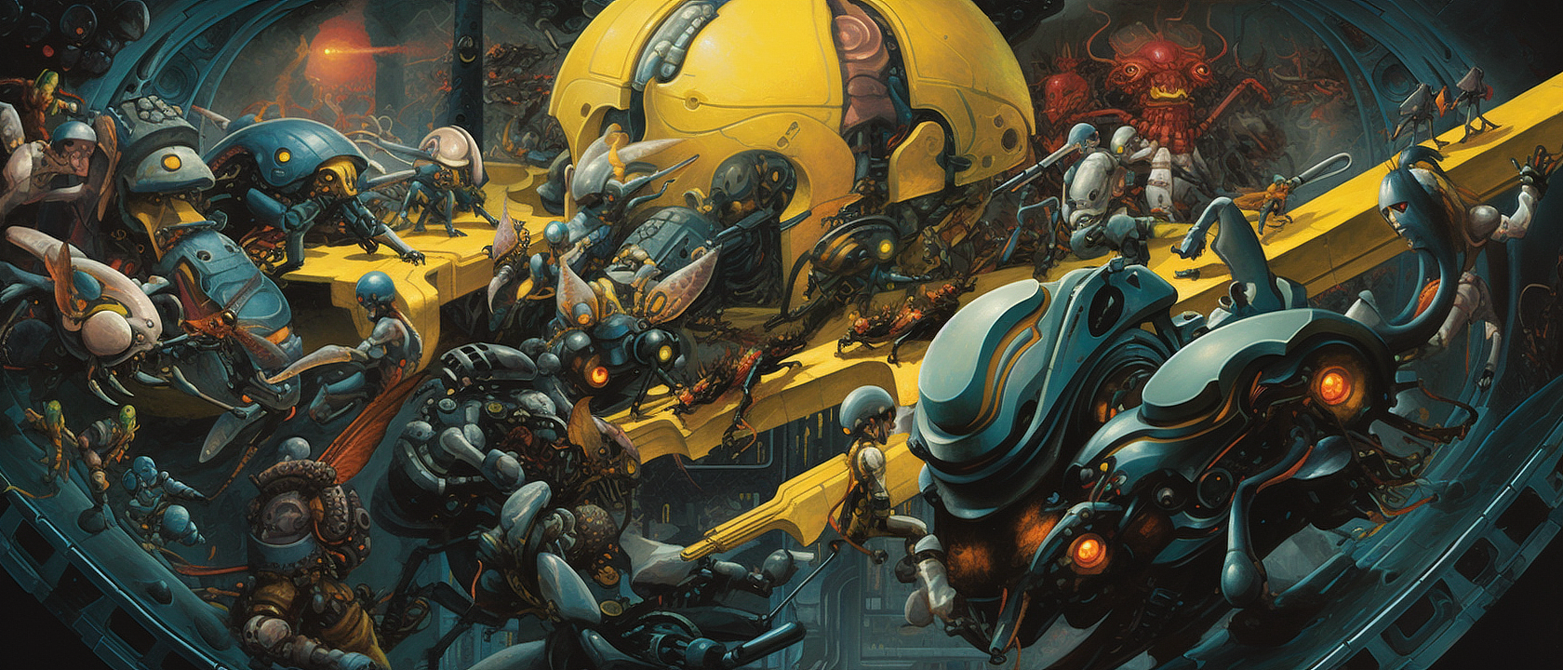 a group of robots fighting with guns