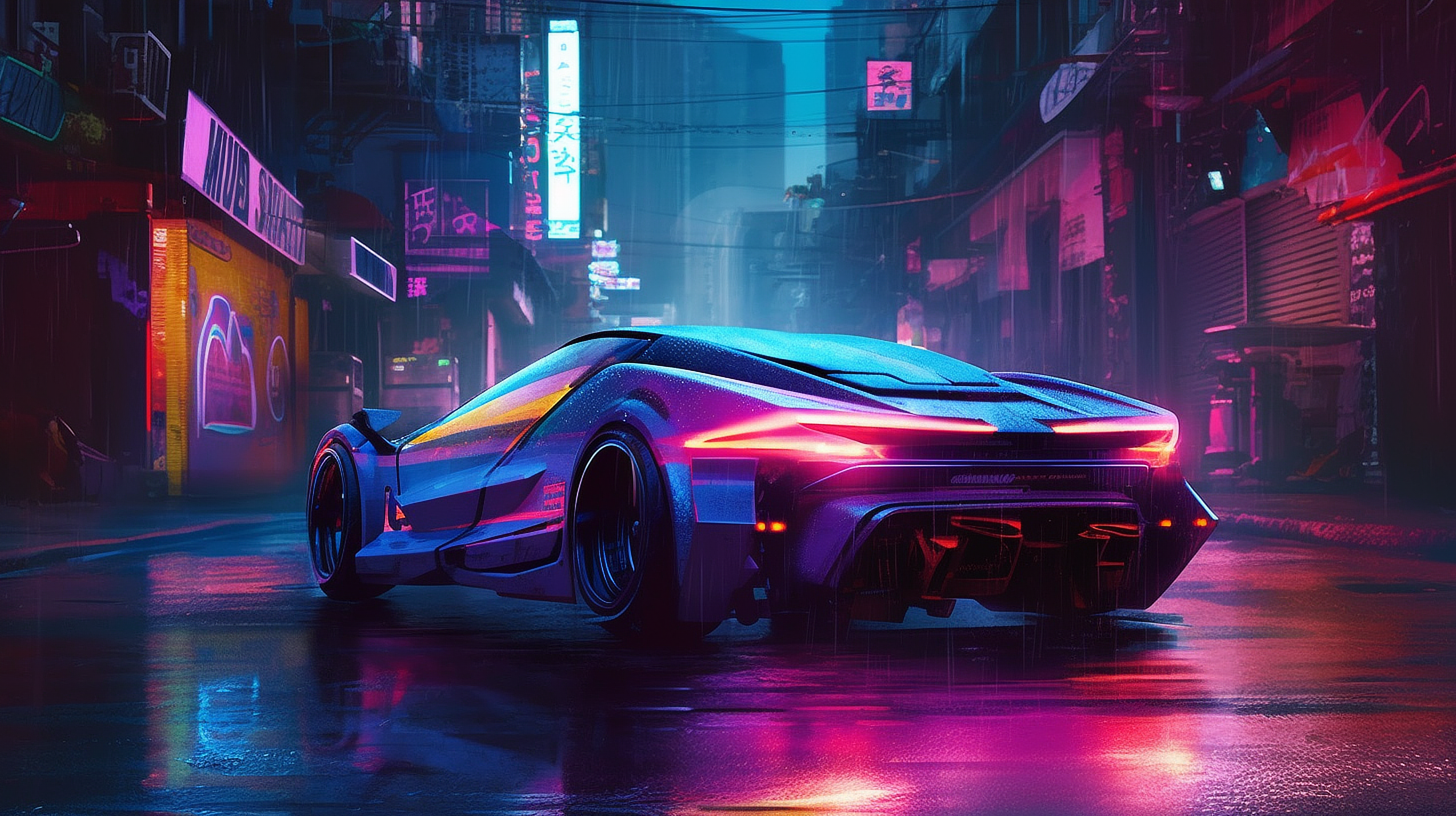 a sports car on a wet street