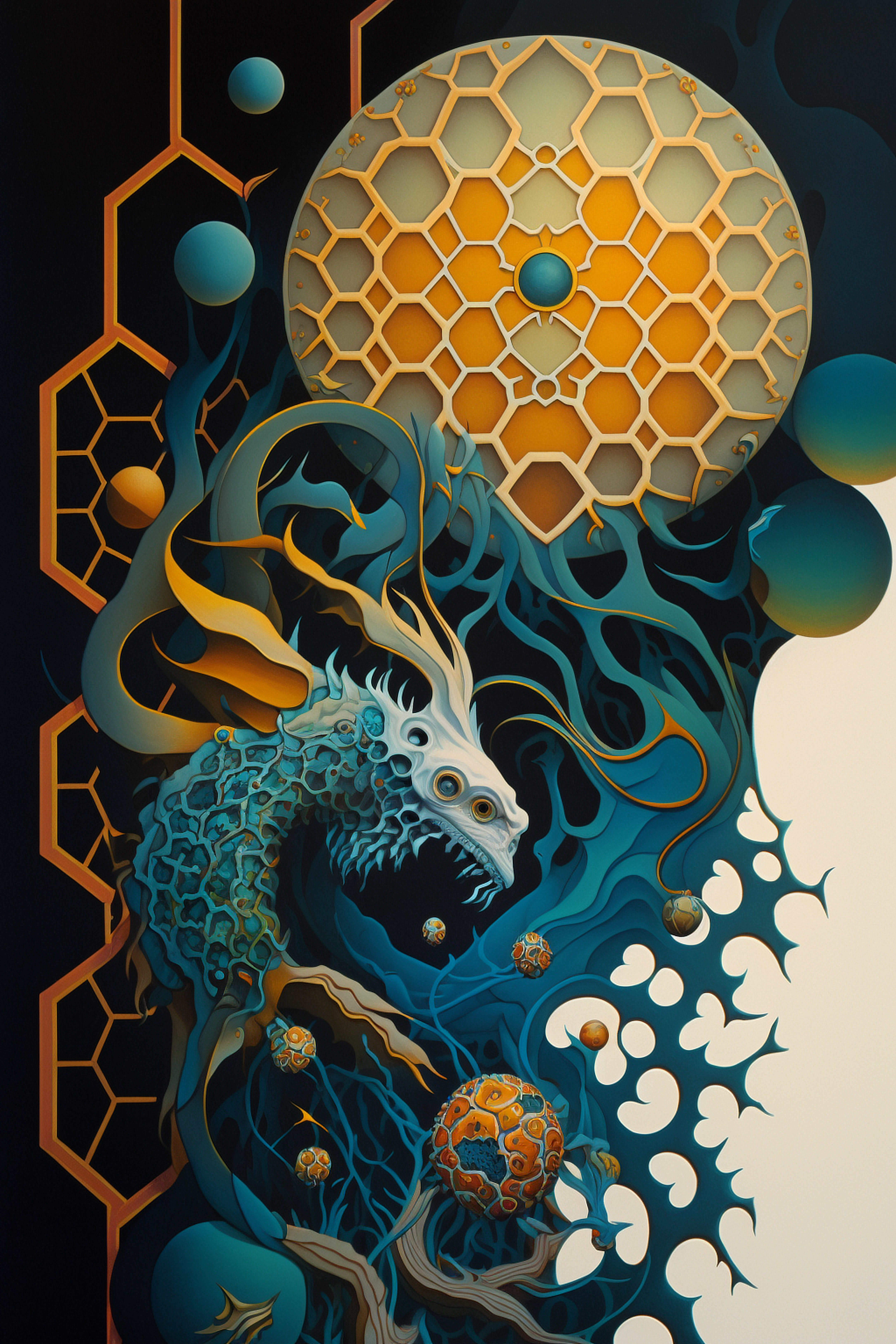 a blue and yellow art with a dragon and circles