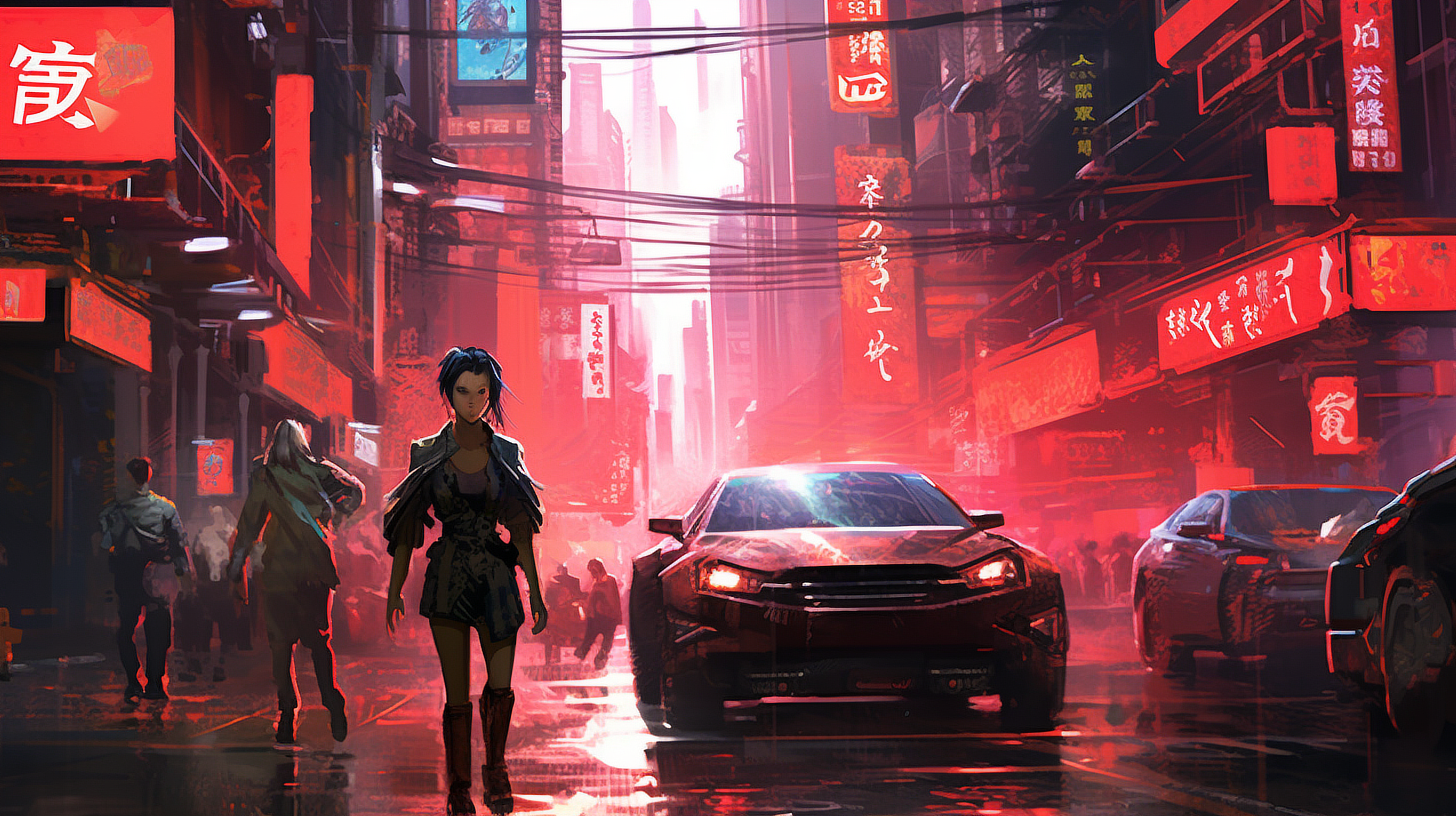 a woman walking down a street with a car