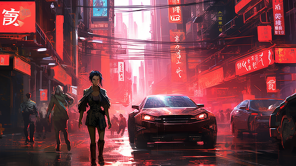 a woman walking down a street with a car