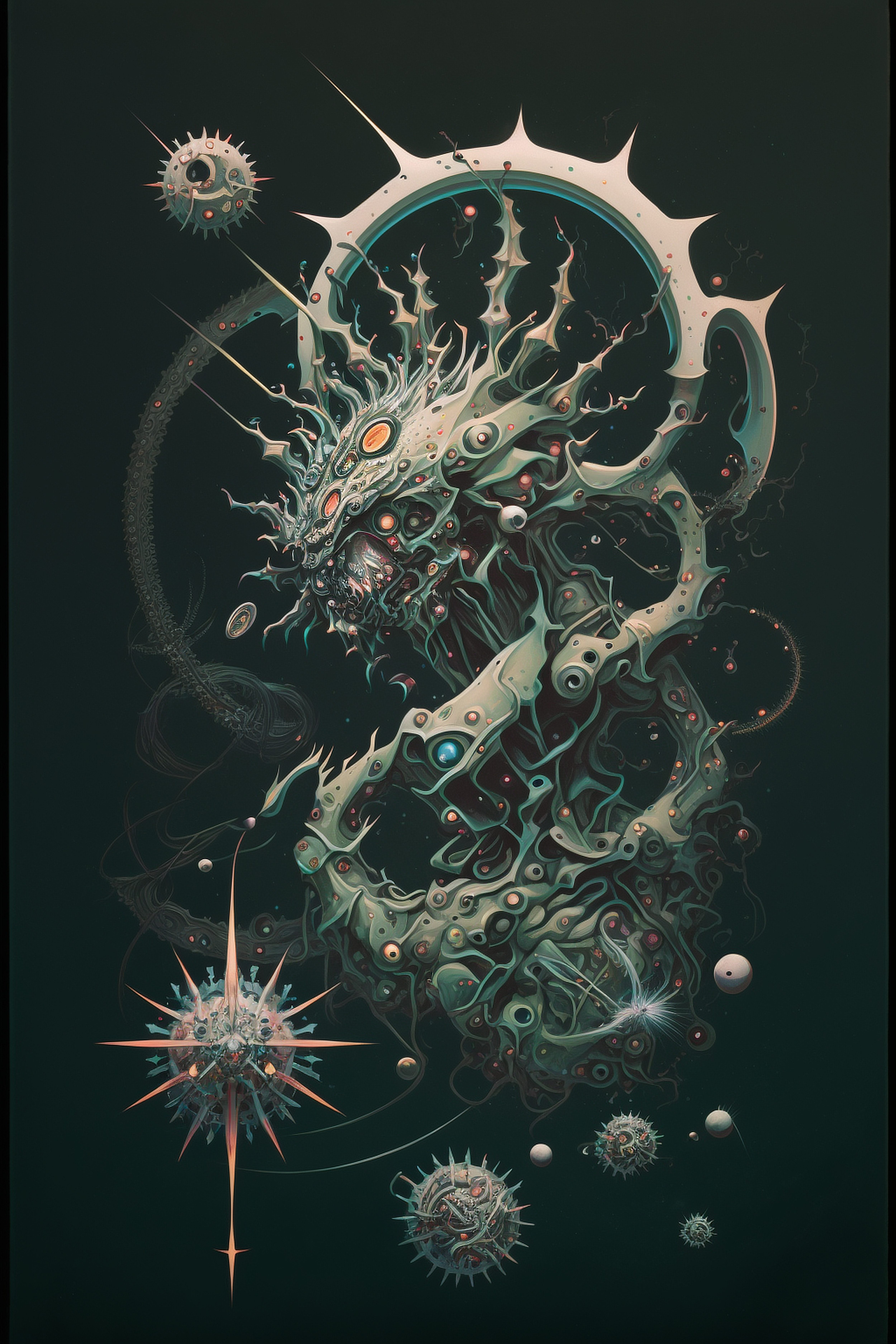 a green creature with many circles and dots