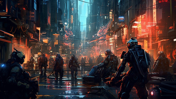 a group of people in a city