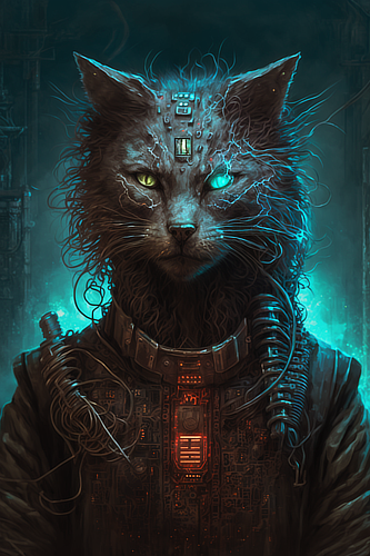 a cat with wires and wires