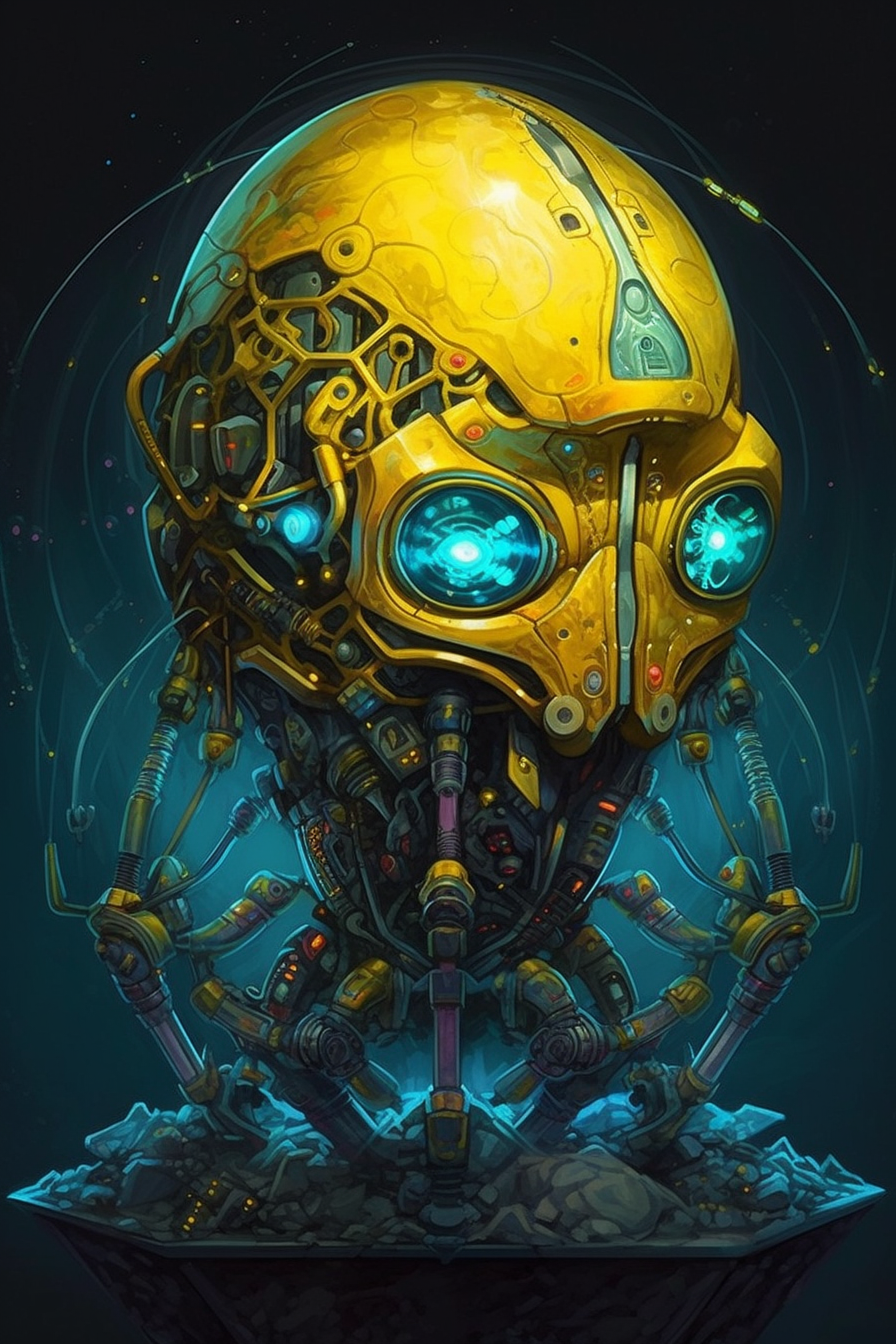 a yellow robot with blue eyes