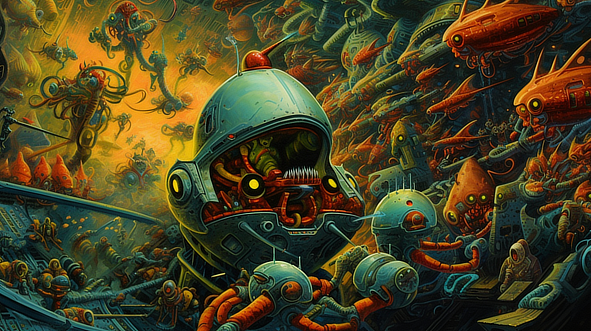 a group of robots with red and orange tentacles