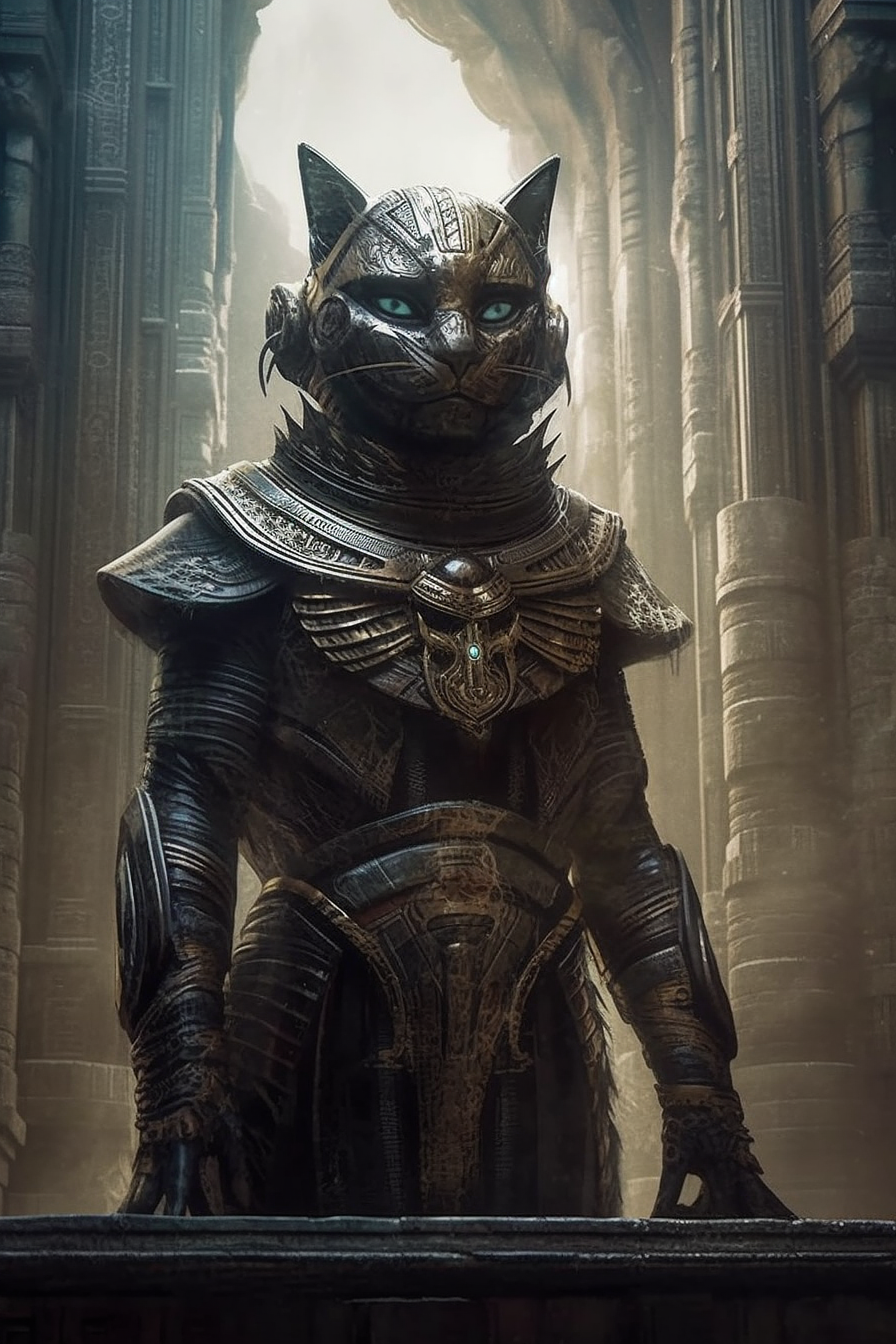 a cat in armor in a room with columns
