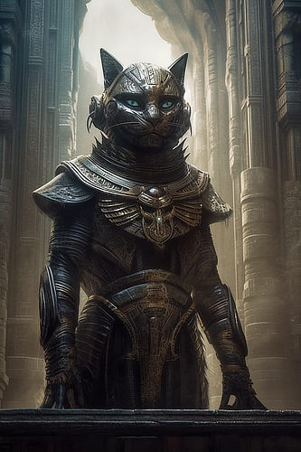 a cat in armor in a room with columns