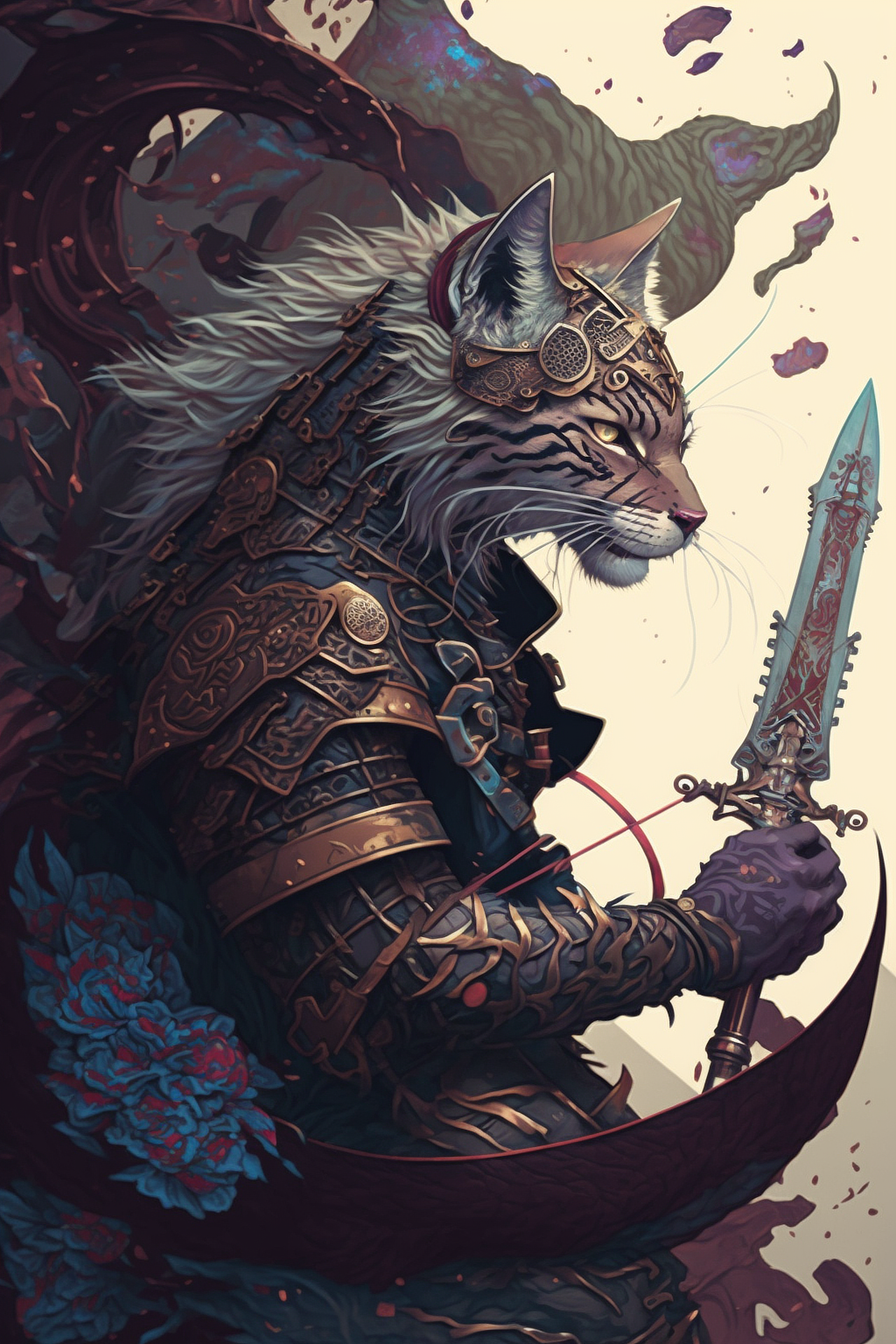 a cat in armor holding a sword