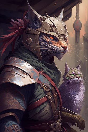 a cat in armor holding a cat