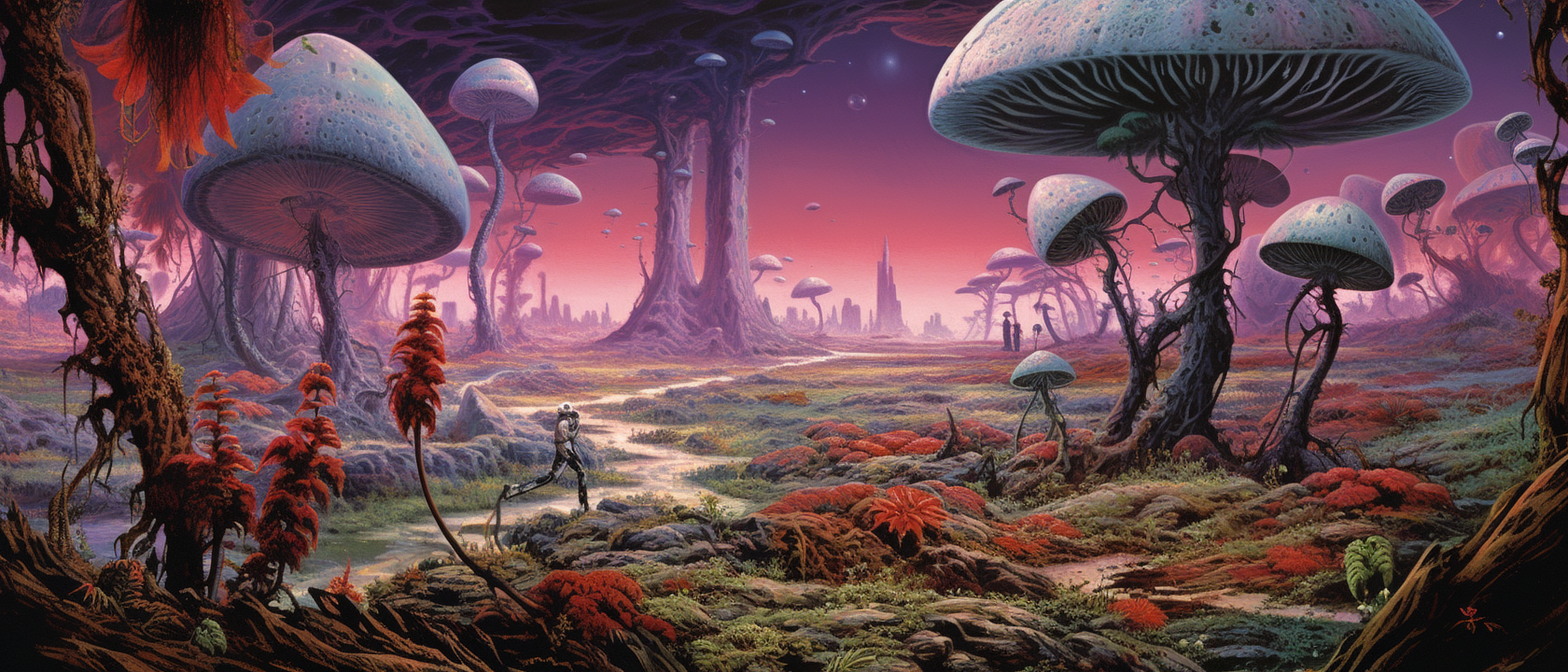 a landscape with mushrooms and people