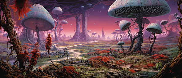 a landscape with mushrooms and people