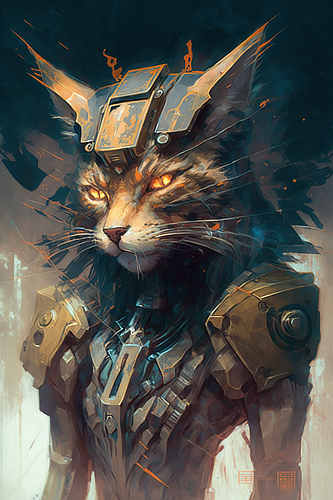 a cat in armor with glowing eyes