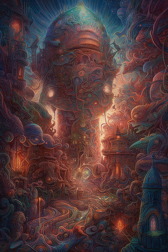 a colorful artwork of a fantasy town
