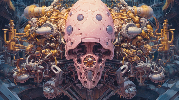 a pink skull with many metal parts