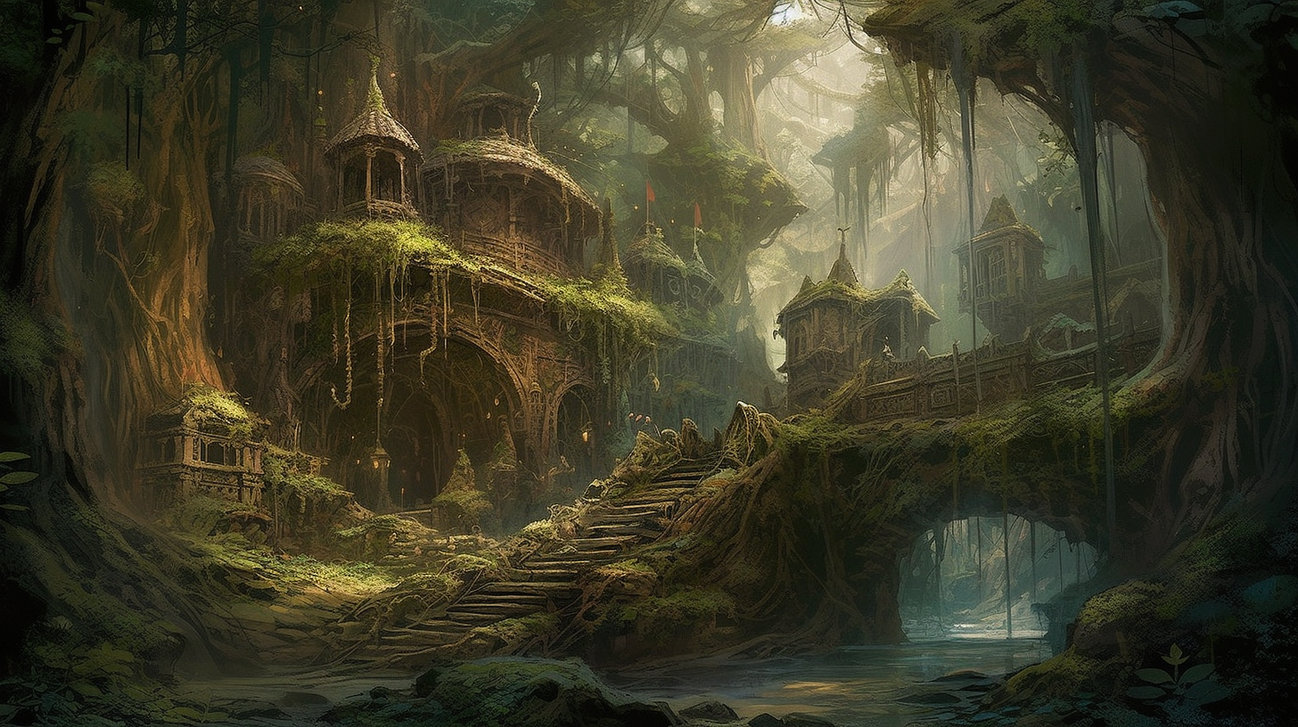 a fantasy landscape with a bridge and buildings
