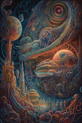 a colorful artwork with a city and buildings