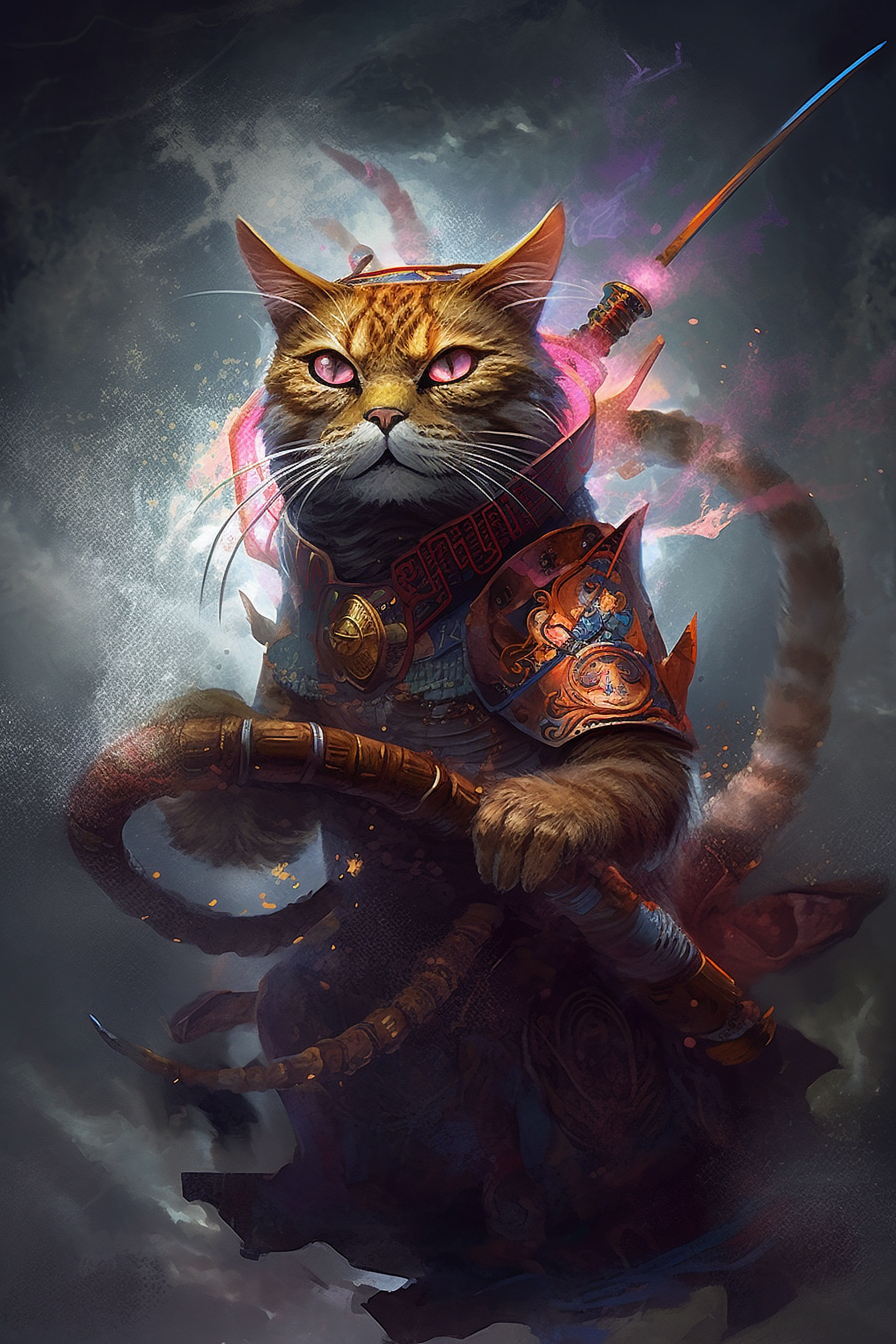 a cat in armor with a sword
