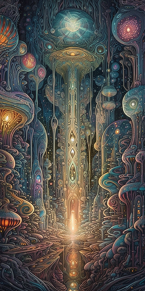 a colorful art of a path in a forest