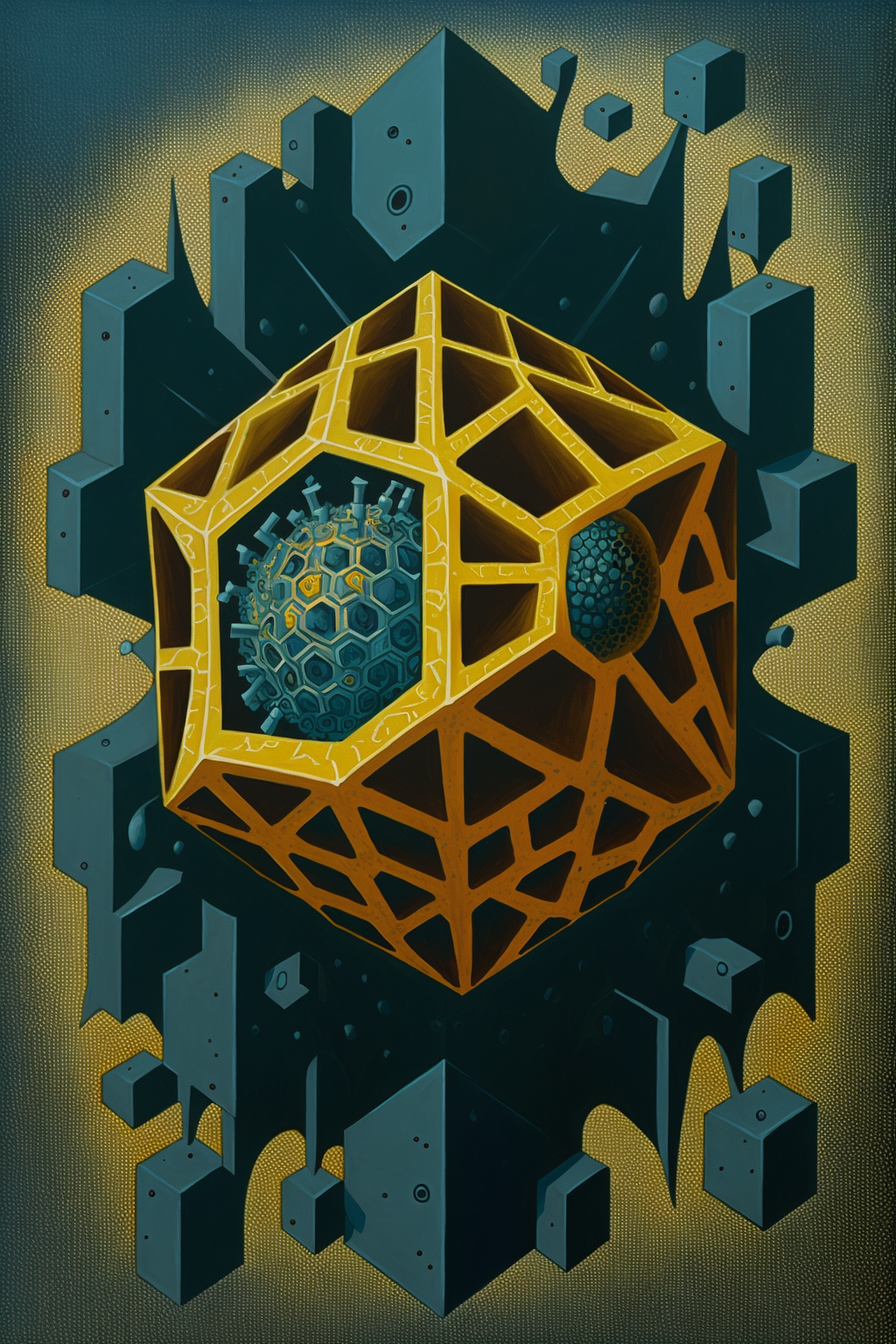 a yellow and blue cube with black holes