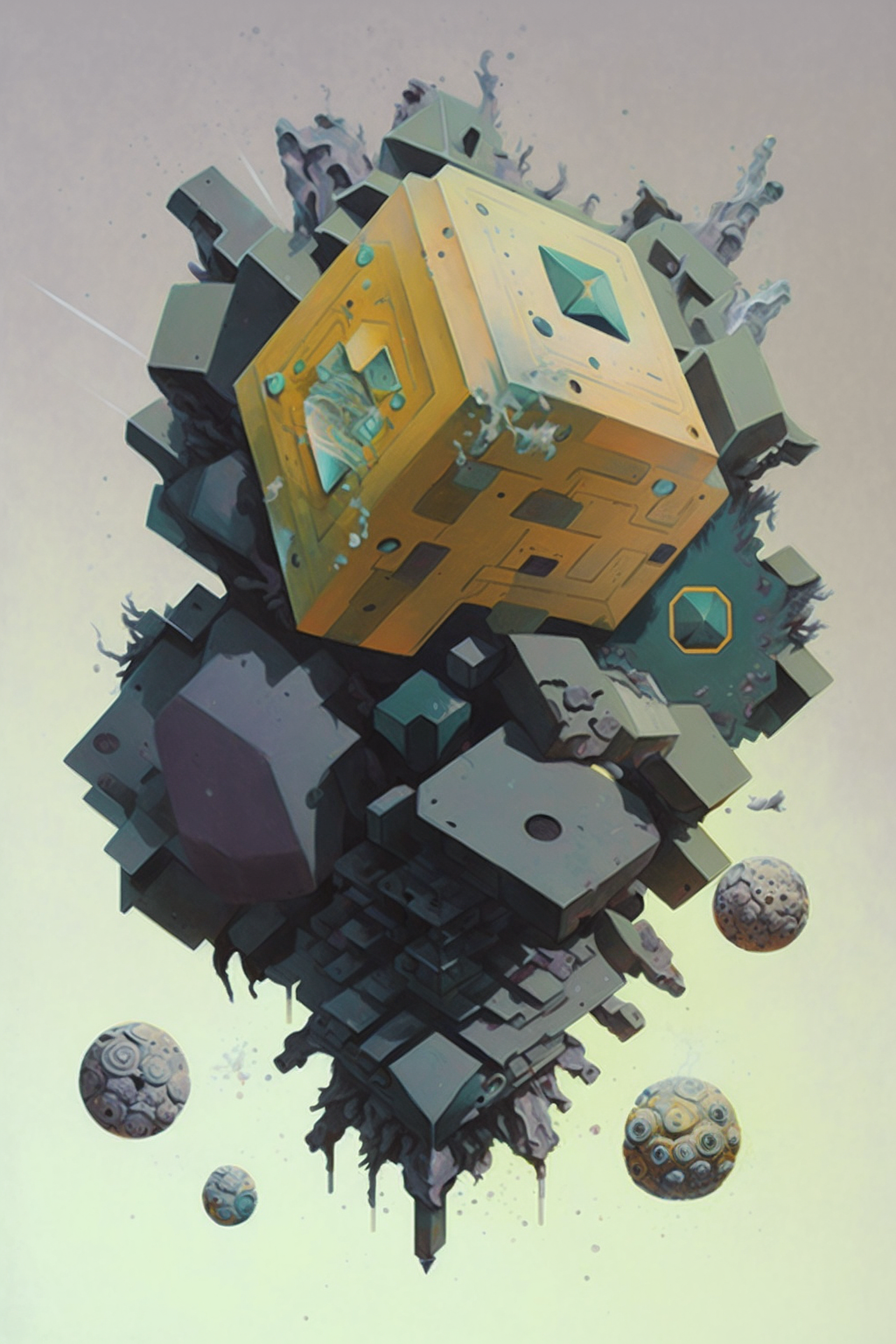 a digital art of a cube and a group of spheres