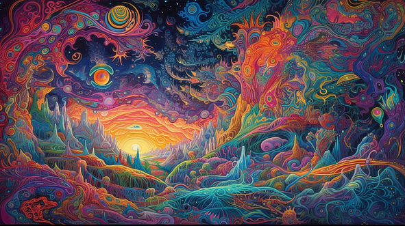 a colorful landscape with a sunset