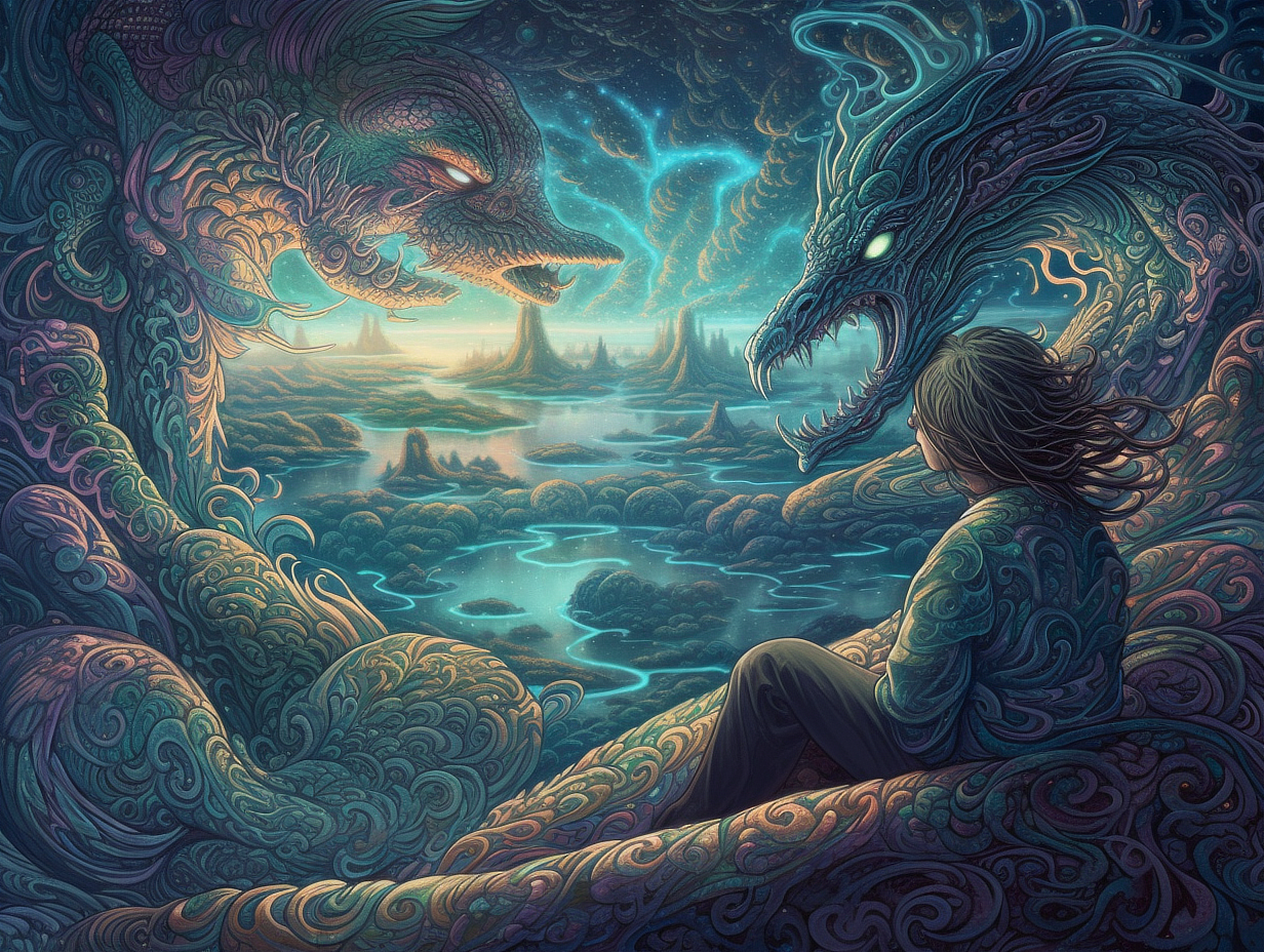 a person sitting in a cave with a dragon in the background