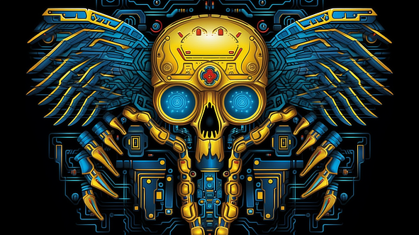 a skull with wings and blue and yellow parts