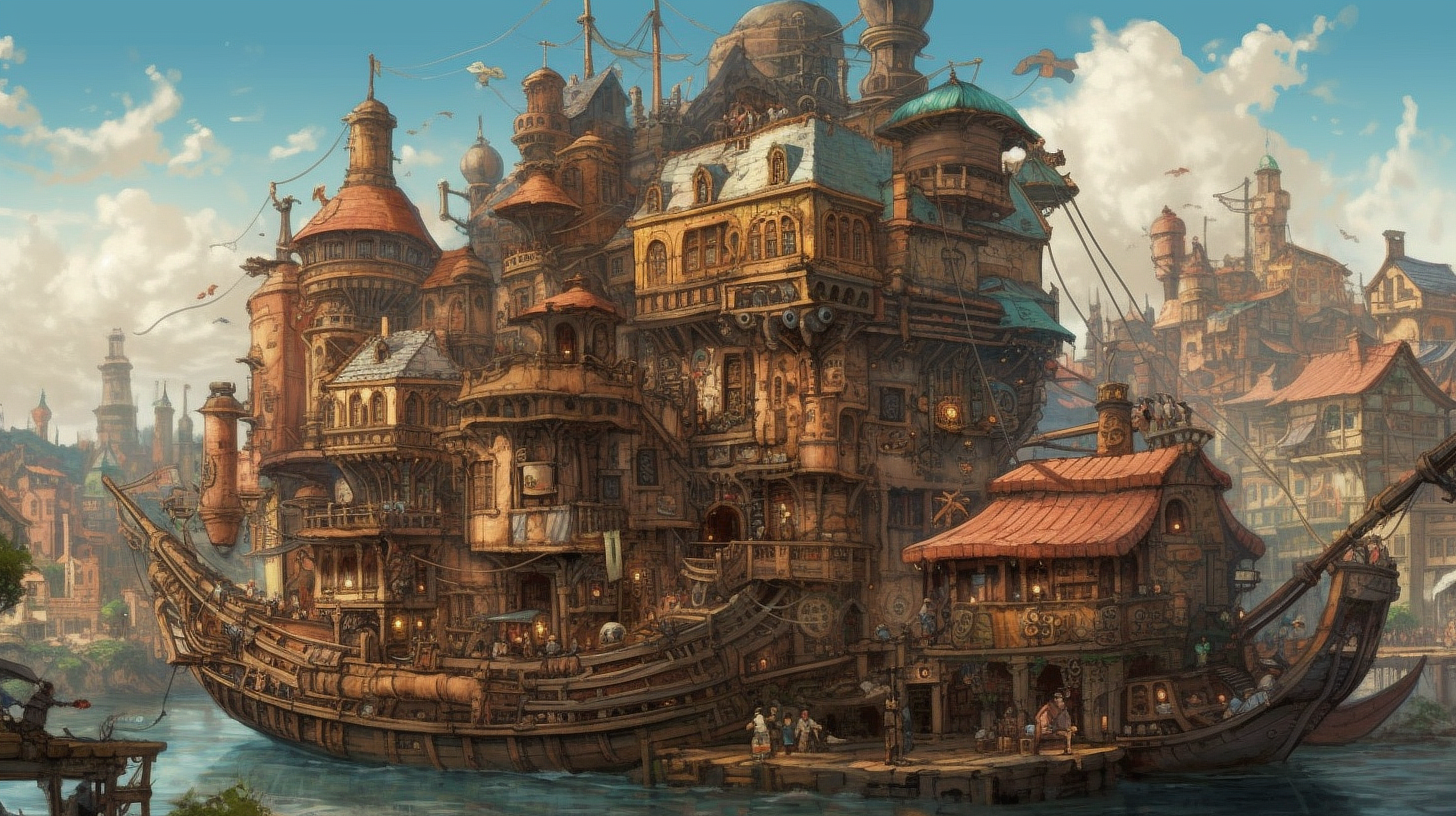 a fantasy city with many buildings and people walking on the water