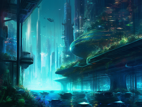 a city with buildings and plants under water