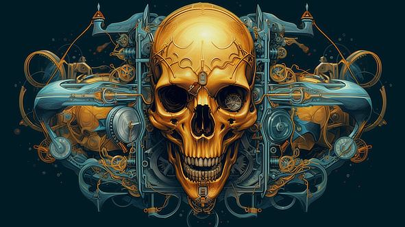 a skull with metal gears and metal parts