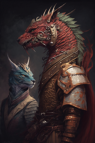 a red dragon and blue cat