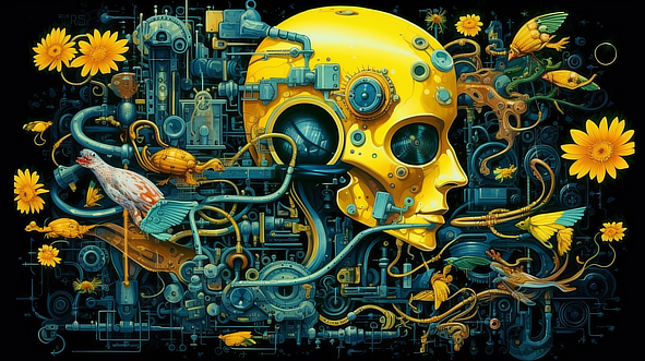 a yellow skull with gears and wires