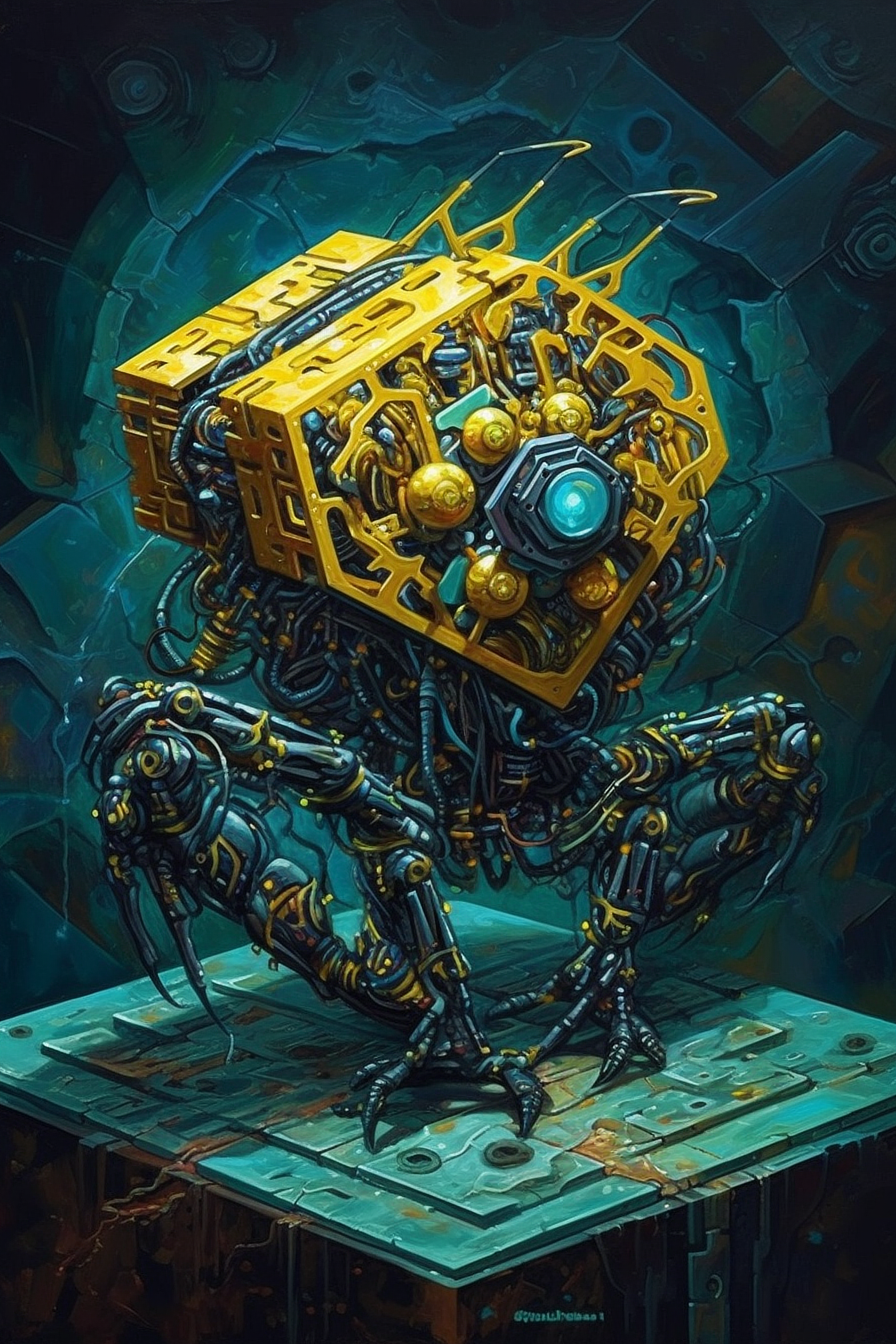 a robot with a yellow square object