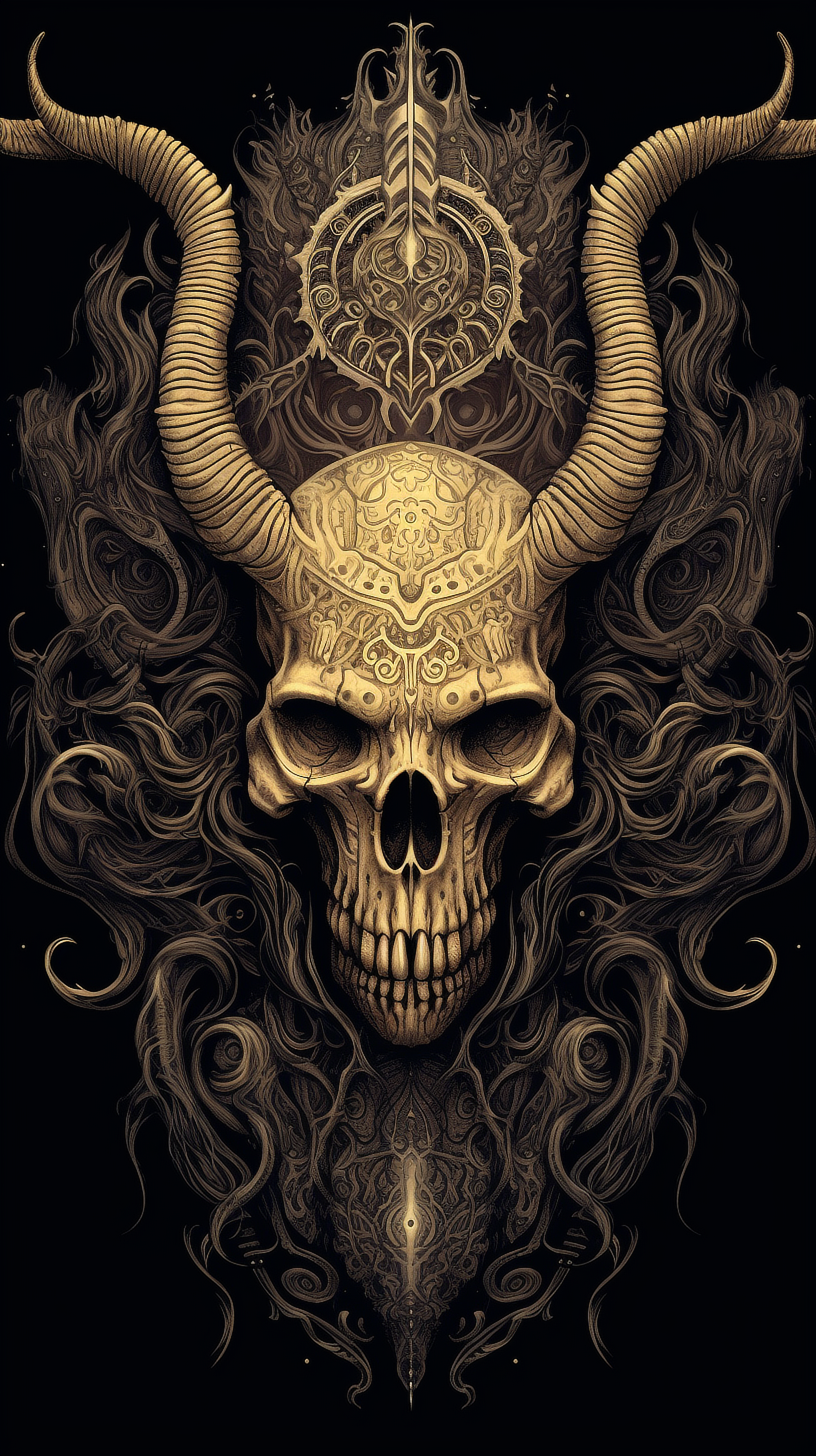 a skull with horns and ornate design