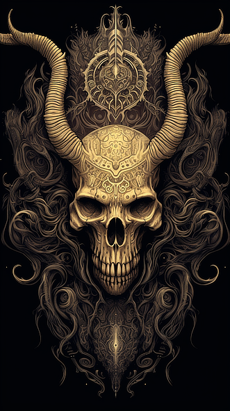a skull with horns and ornate design
