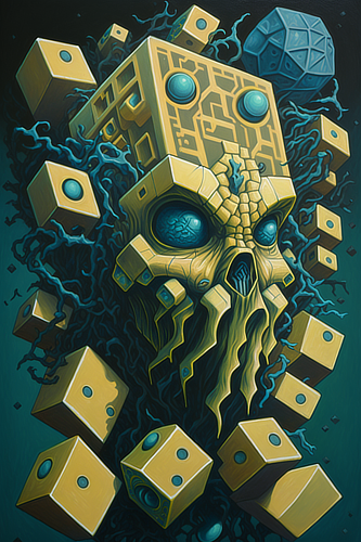 a skull with blue eyes and a square object with black and yellow squares