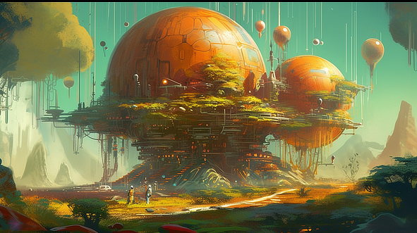 a large orange sphere with trees and people standing in front of it