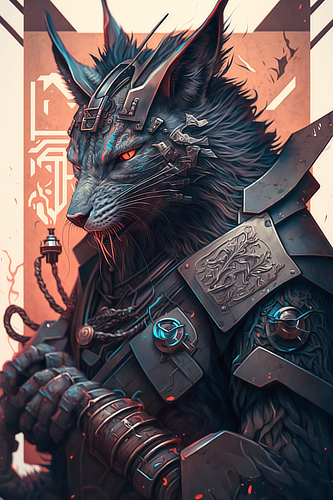 a cat in armor with red eyes